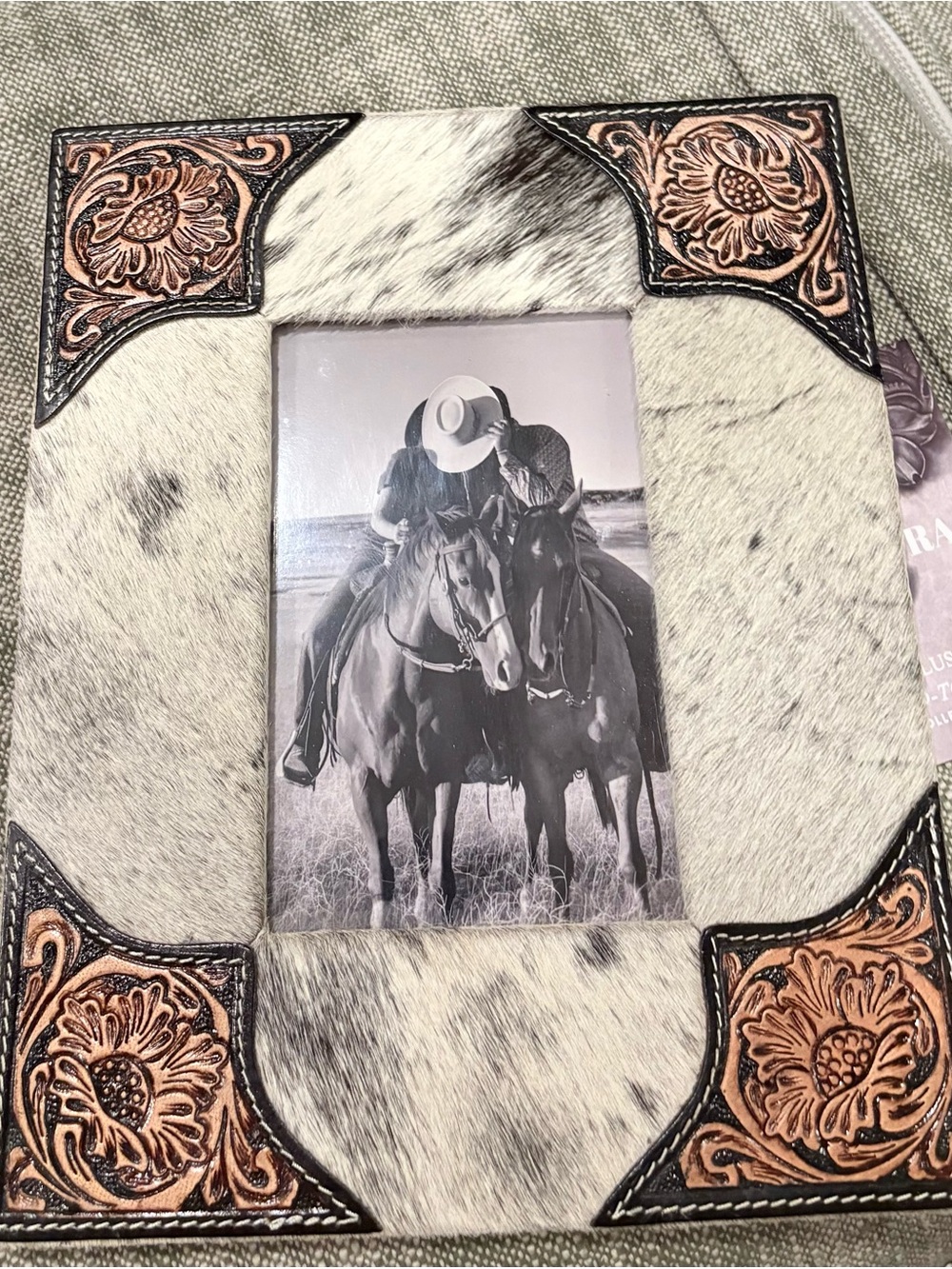 Myra picture frame. Decorative White Cowhide Photo Frame with Tooled Leather.